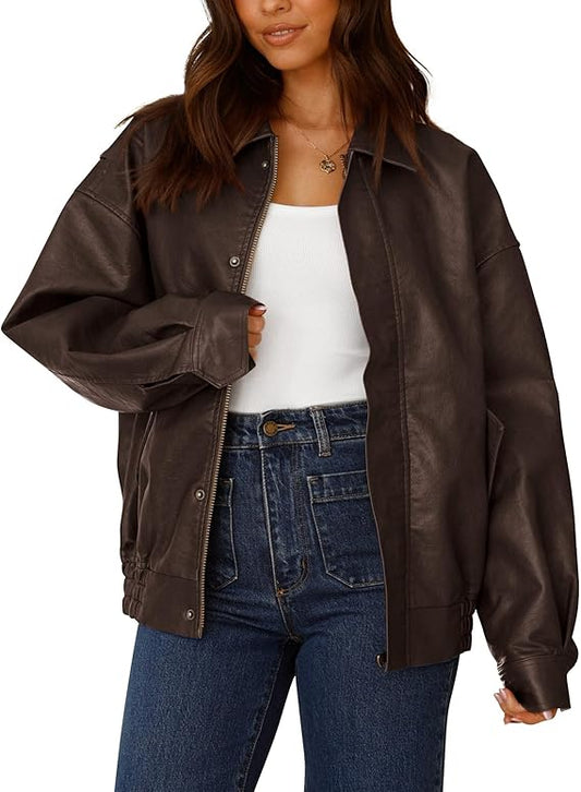 Women’s Faux Leather Motorcycle Jacket – Trendy Fall Oversized Zip-Up Winter Coat by Fubellawear Fubellawear