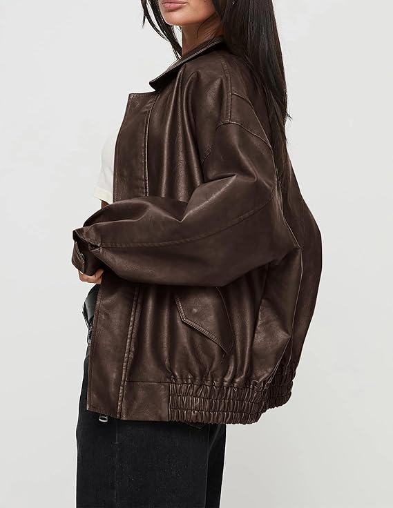 Women’s Faux Leather Motorcycle Jacket – Trendy Fall Oversized Zip-Up Winter Coat by Fubellawear Fubellawear