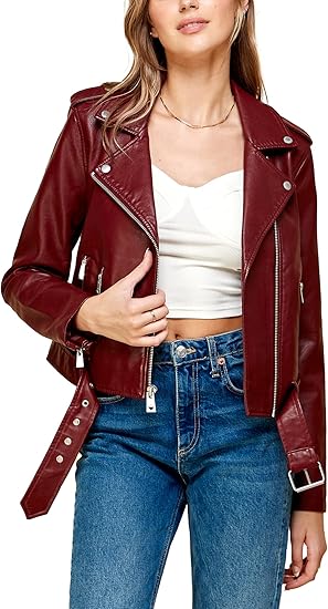 Women’s Lapel Collar Maroon Faux Leather Motorcycle Jacket by Fubellawear Fubellawear