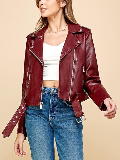 Women’s Lapel Collar Maroon Faux Leather Motorcycle Jacket by Fubellawear Fubellawear