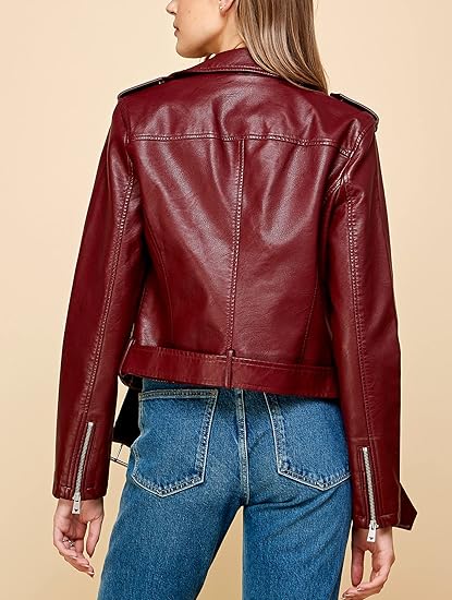 Women’s Lapel Collar Maroon Faux Leather Motorcycle Jacket by Fubellawear Fubellawear