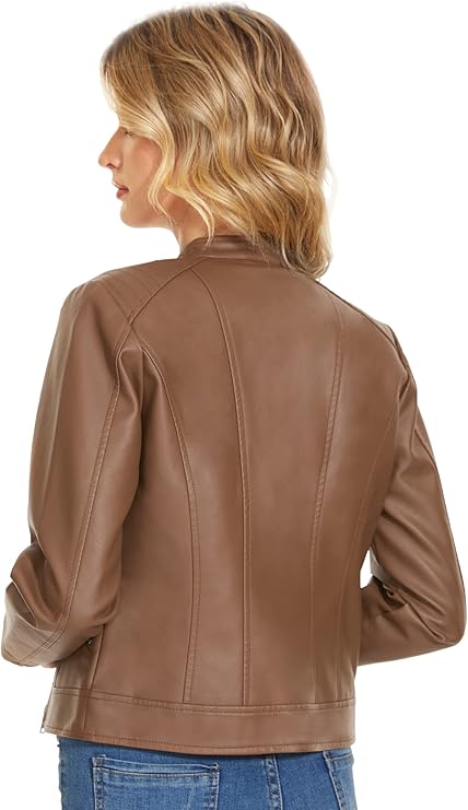 Women’s Stand Collar Brown Faux Leather Slim Fit Jacket by Fubellawear Fubellawear
