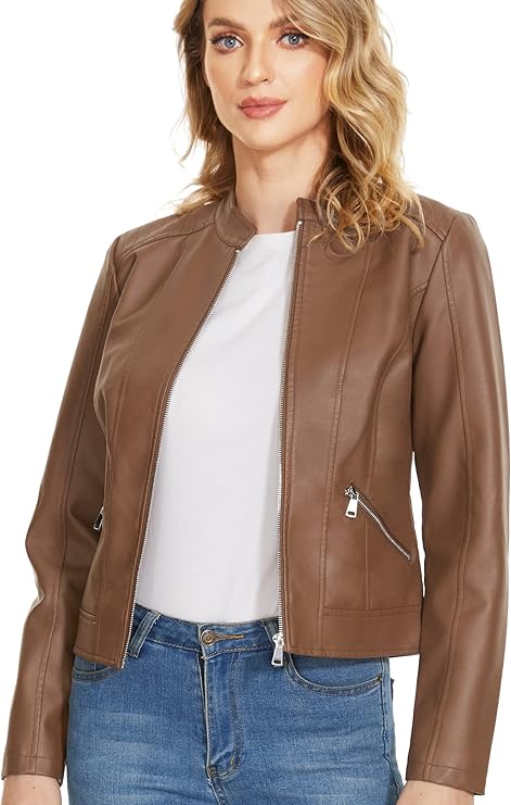 Women’s Stand Collar Brown Faux Leather Slim Fit Jacket by Fubellawear Fubellawear