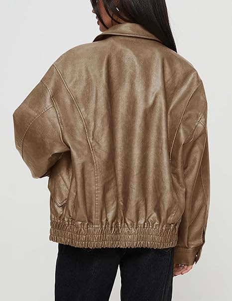 Women’s Faux Leather Motorcycle Jacket – Trendy Fall Oversized Zip-Up Winter Coat by Fubellawear Fubellawear