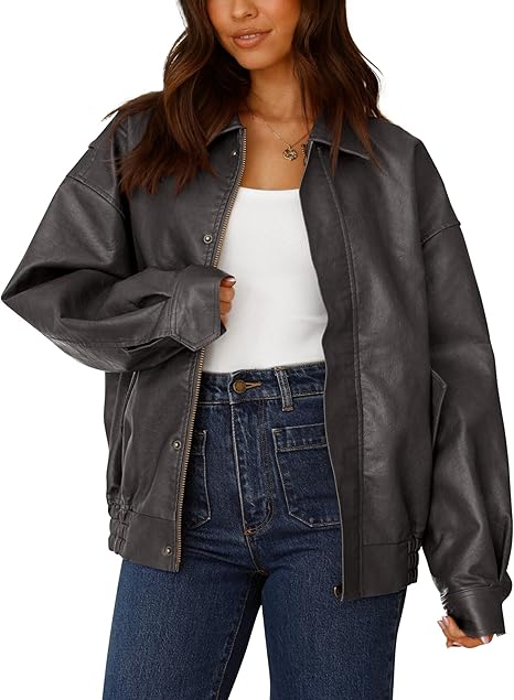 Women’s Faux Leather Motorcycle Jacket – Trendy Fall Oversized Zip-Up Winter Coat by Fubellawear Fubellawear