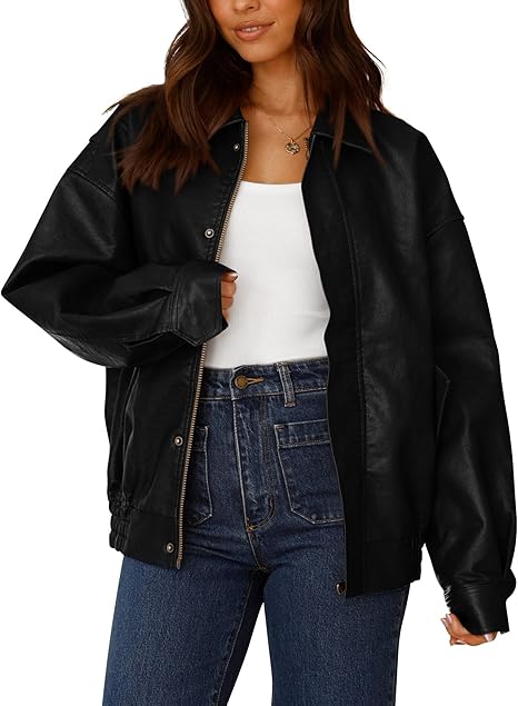 Women’s Faux Leather Motorcycle Jacket – Trendy Fall Oversized Zip-Up Winter Coat by Fubellawear Fubellawear