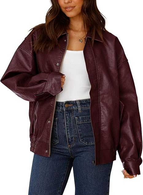 Women’s Faux Leather Motorcycle Jacket – Trendy Fall Oversized Zip-Up Winter Coat by Fubellawear Fubellawear