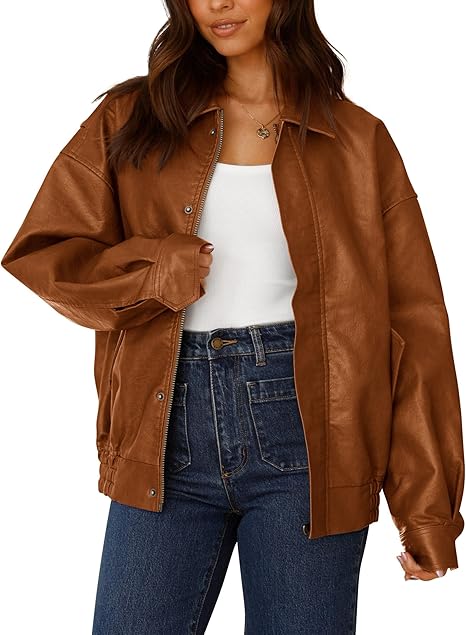 Women’s Faux Leather Motorcycle Jacket – Trendy Fall Oversized Zip-Up Winter Coat by Fubellawear Fubellawear