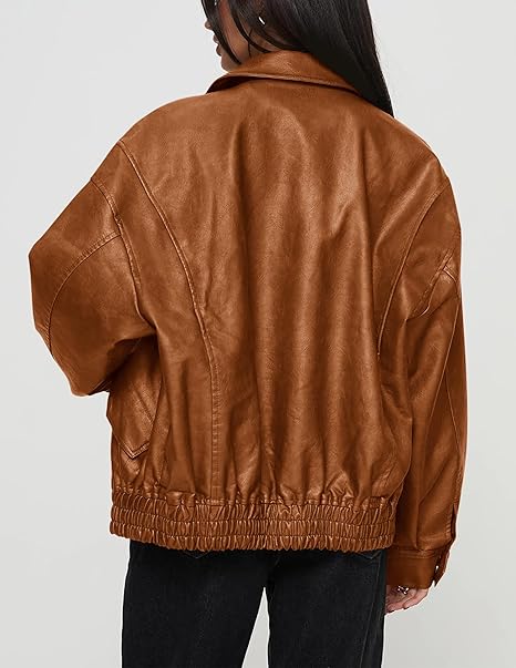 Women’s Faux Leather Motorcycle Jacket – Trendy Fall Oversized Zip-Up Winter Coat by Fubellawear Fubellawear