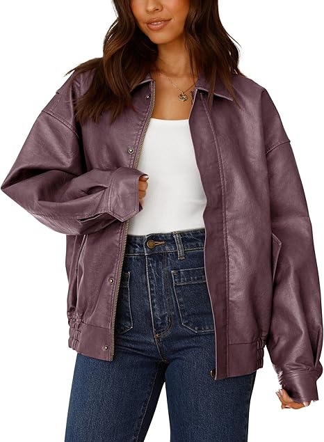 Women’s Faux Leather Motorcycle Jacket – Trendy Fall Oversized Zip-Up Winter Coat by Fubellawear Fubellawear