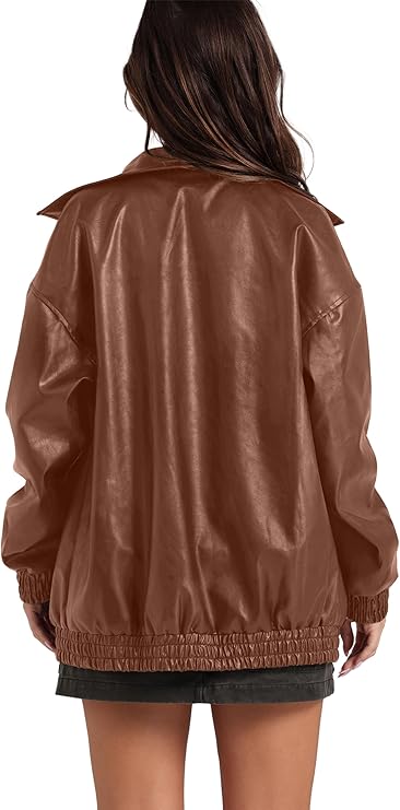 Yousify Women’s Oversized Faux Leather Jacket Casual Zip Up Bomber Motorcycle Style by Fubellawear Fubellawear