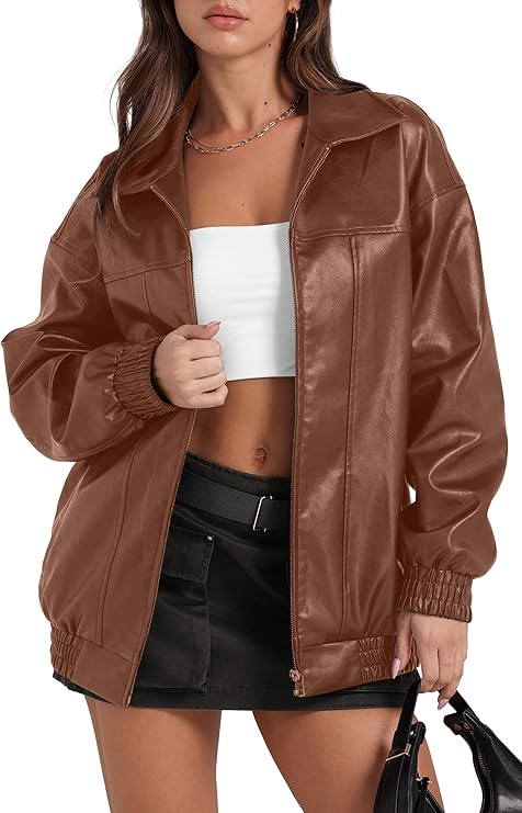 Yousify Women’s Oversized Faux Leather Jacket Casual Zip Up Bomber Motorcycle Style by Fubellawear Fubellawear