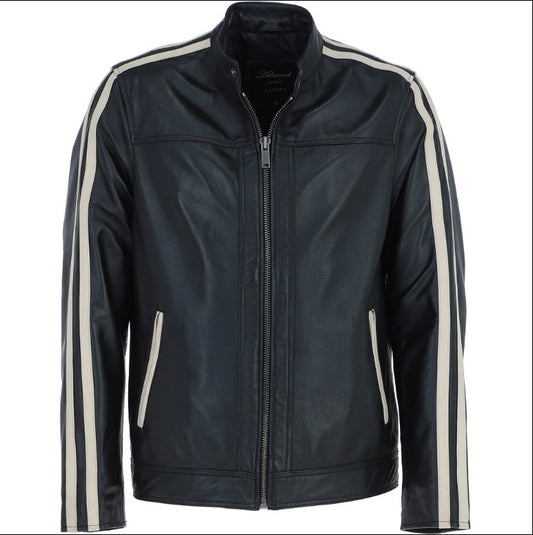 'Milano Vero' Real Leather Biker Jacket With Cream Contrast Stripes by Fubellawear