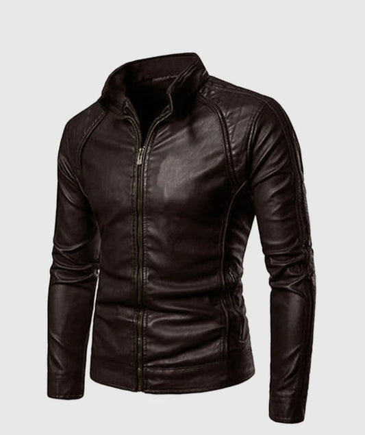 Men's High Collar Black Leather Jacket by fubella wear