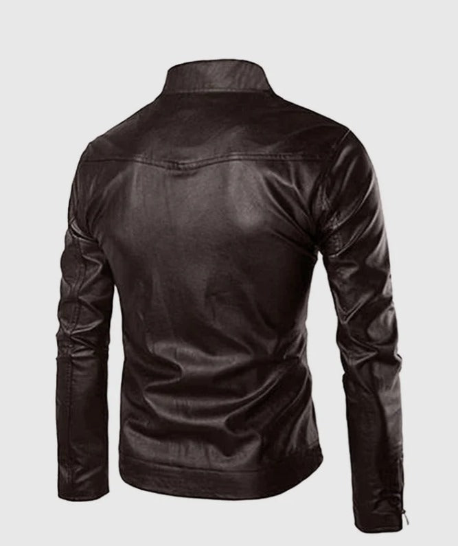 Men's High Collar Black Leather Jacket by fubella wear