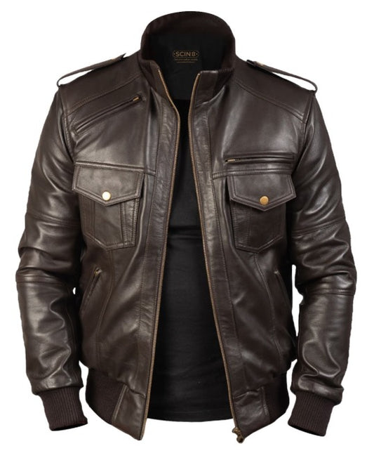 Agent Shadow Brown Leather Bomber Jacket by fubellawear
